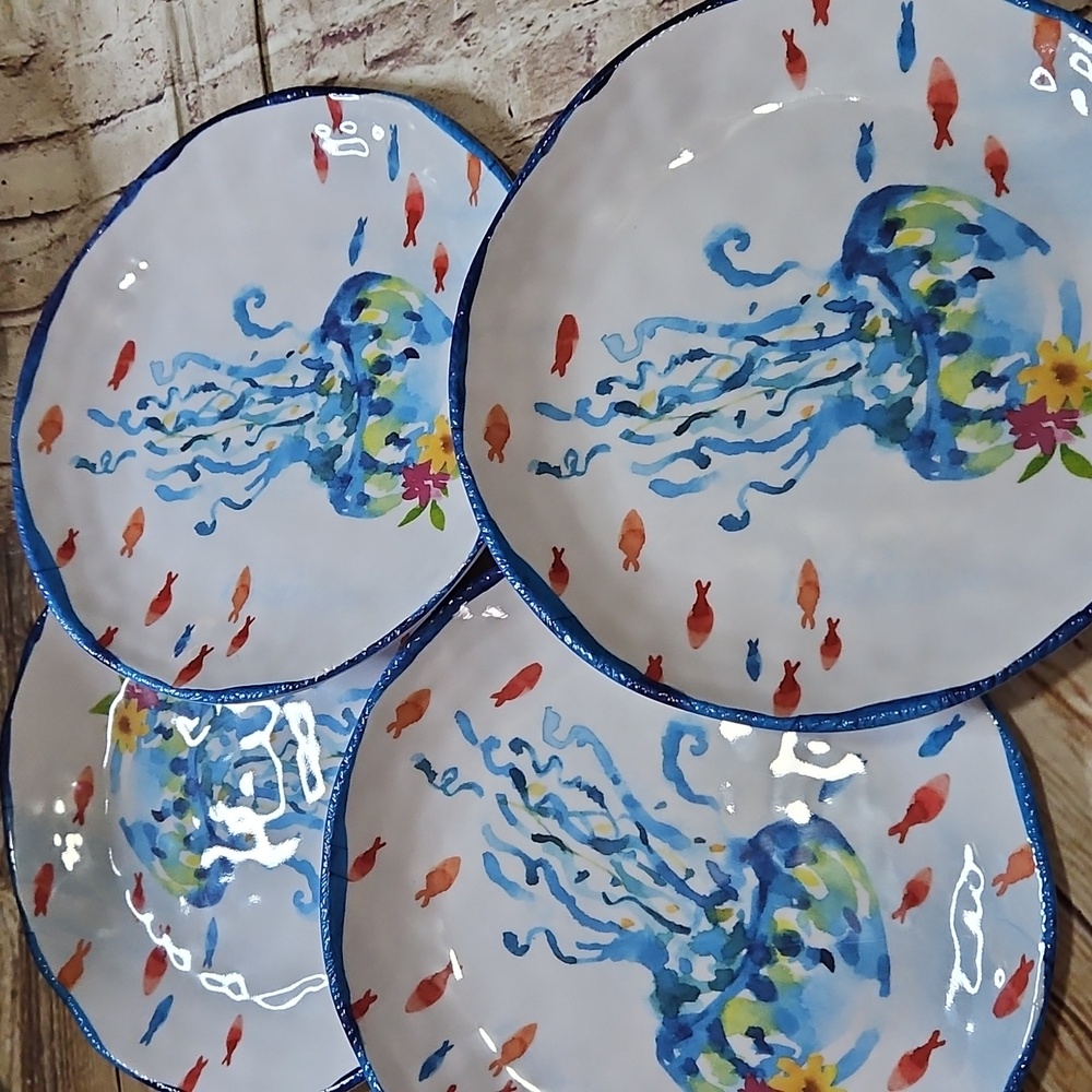 BELLA‎ LUX MELAMINE CORAL & JELLYFISH  Dinner Plates Set Of 4